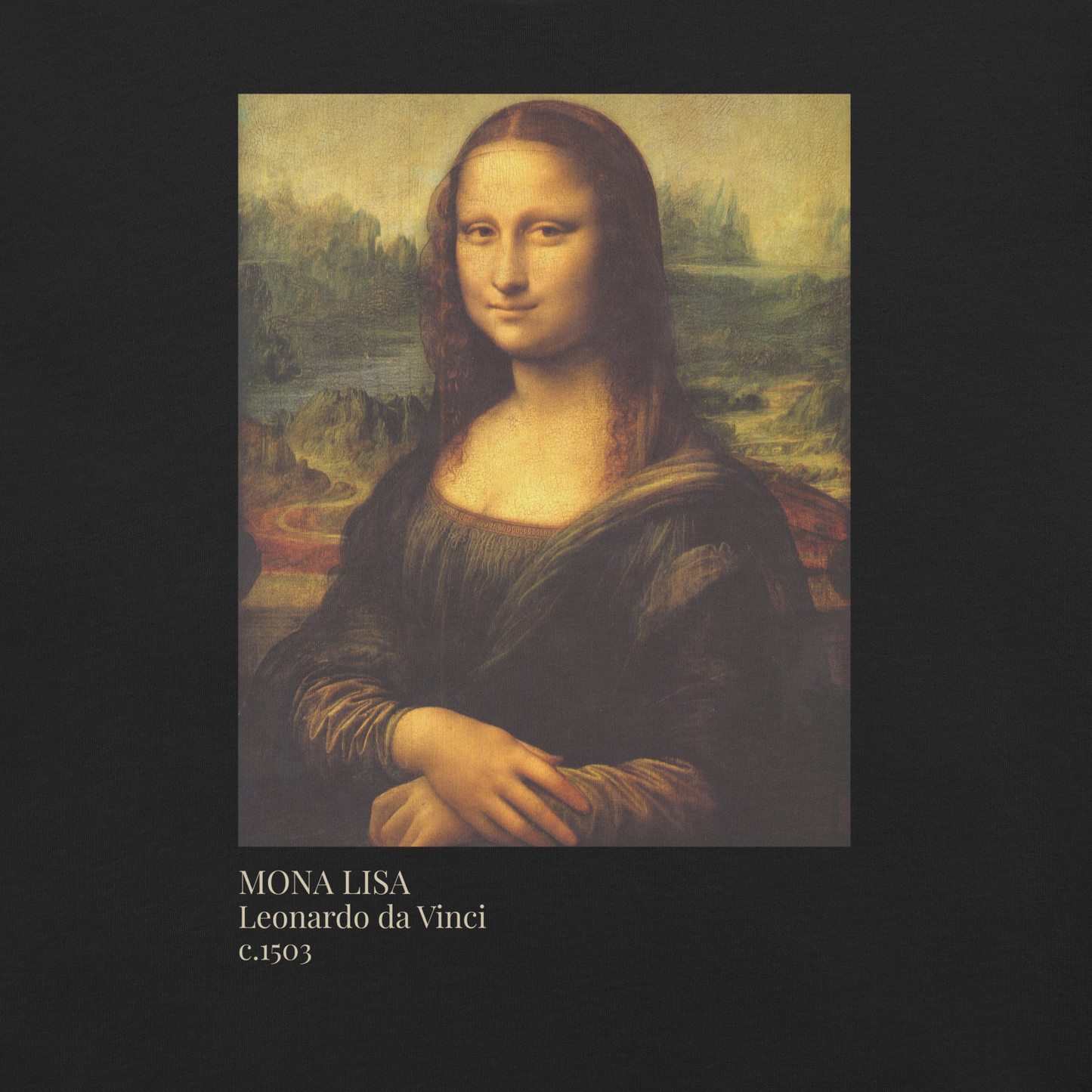 Close up of Mona Lisa Art with Receipts shirt front artwork