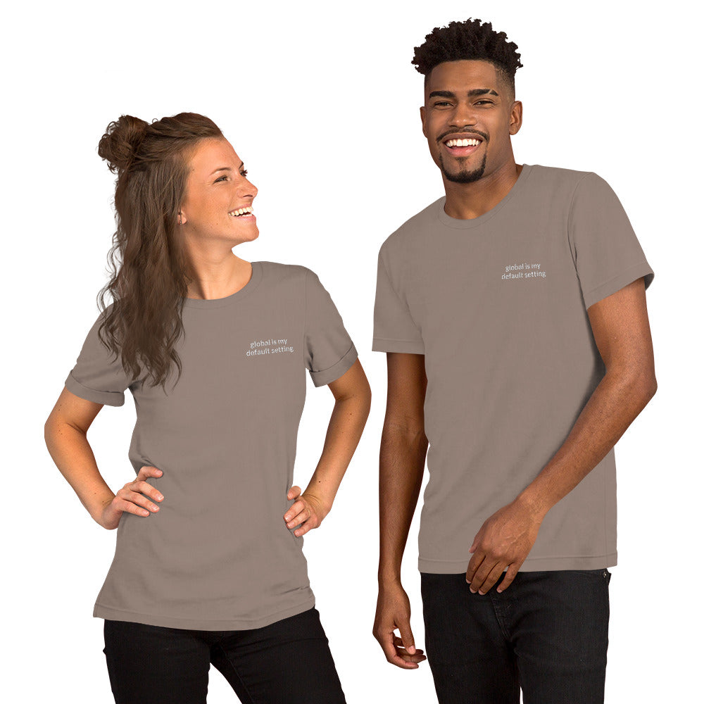 Two people wearing Global Is My Default Setting Soft Tee pebble model view