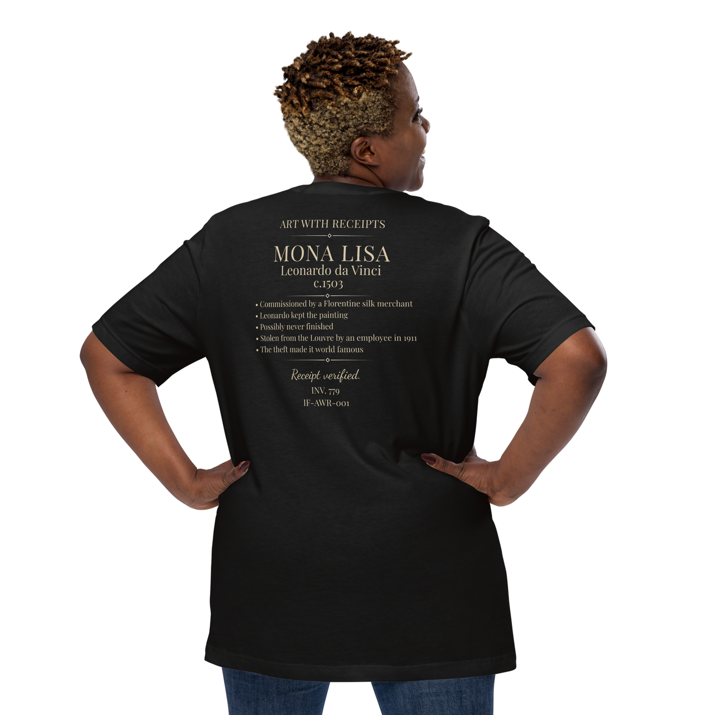 Back of Mona Lisa Art with Receipts shirt showing historical placard design