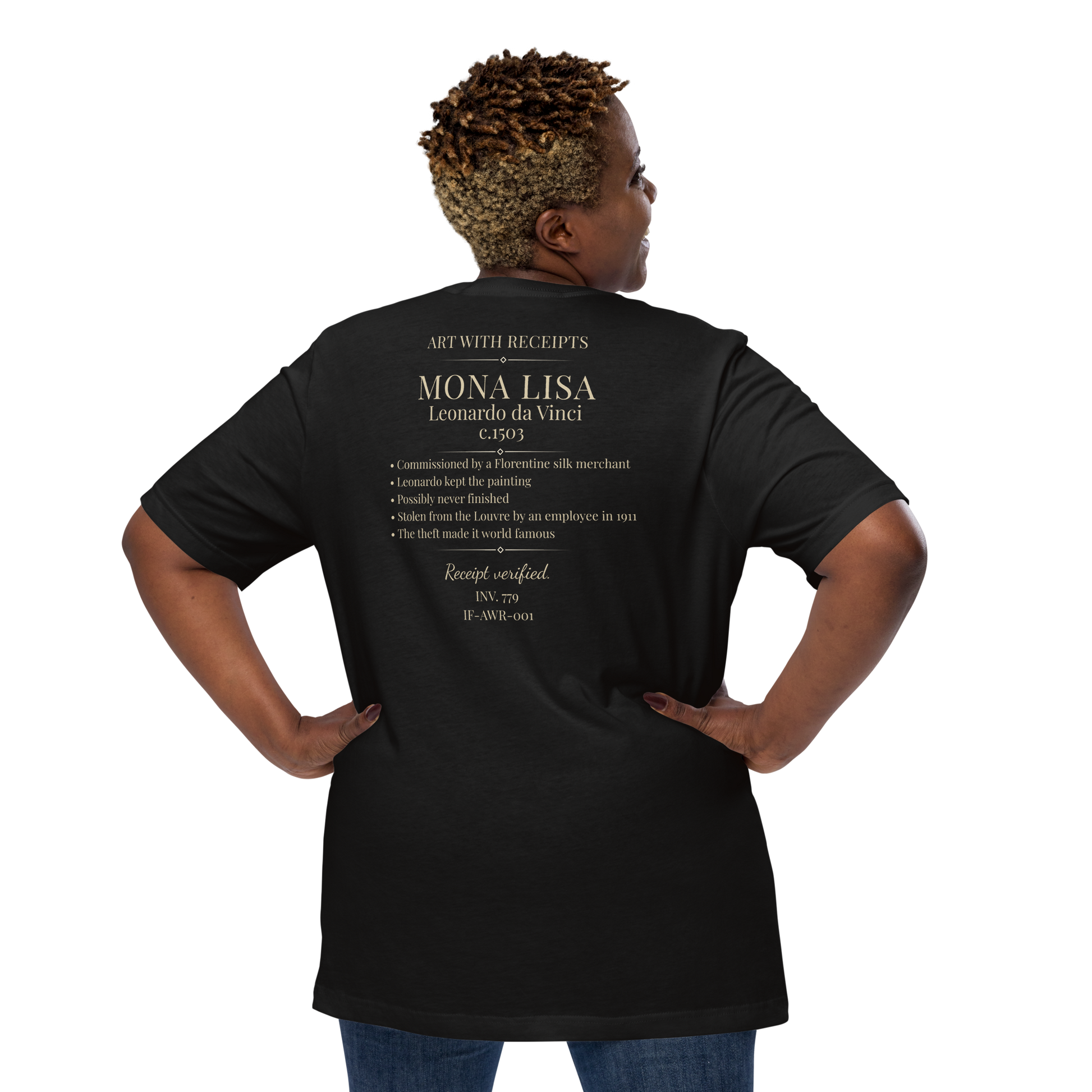 Back of Mona Lisa Art with Receipts shirt showing historical placard design