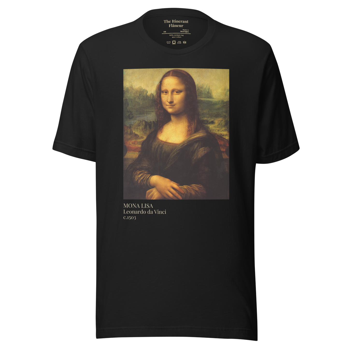 Mona Lisa Art with Receipts t-shirt front design by The Itinerant Flaneur - Black