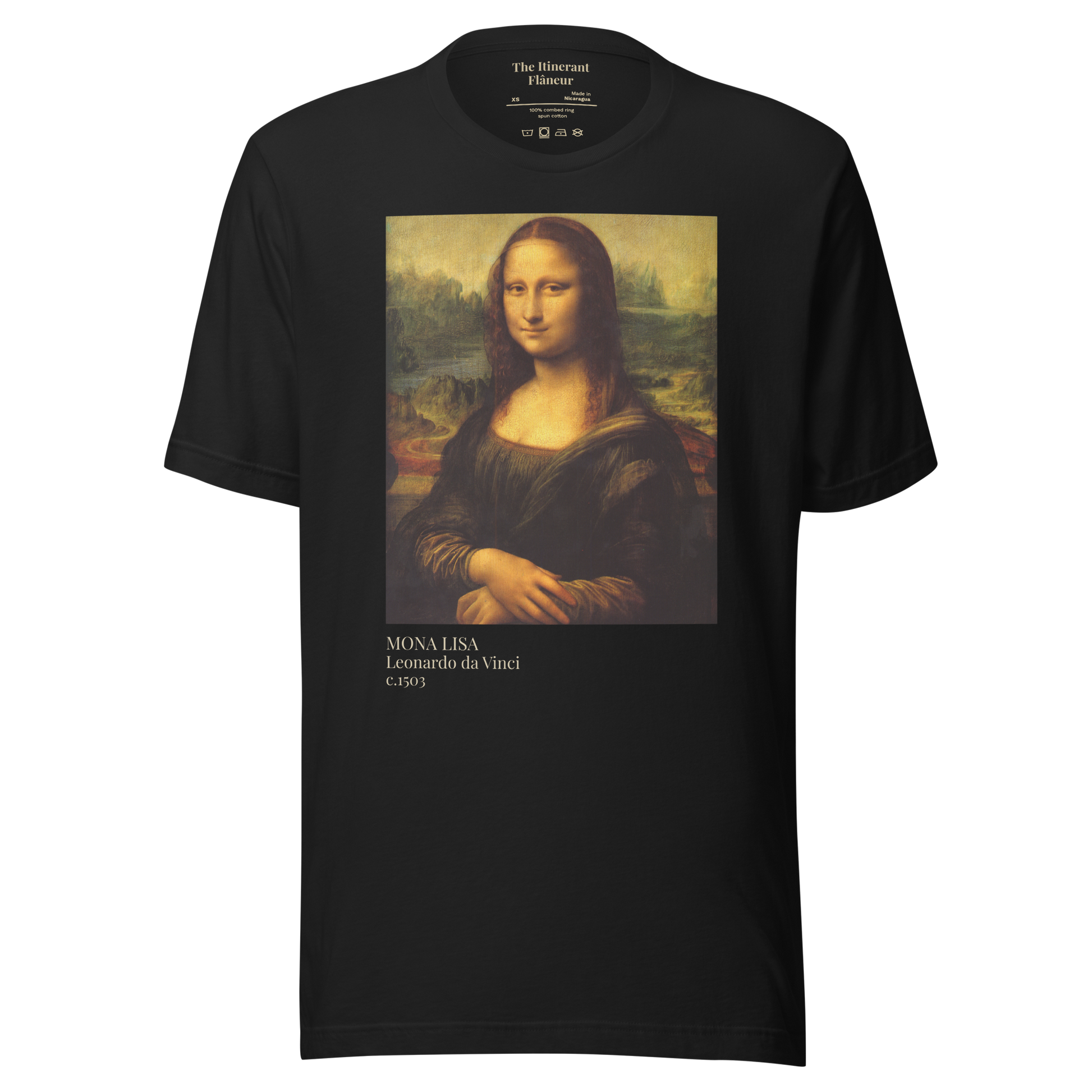 Mona Lisa Art with Receipts t-shirt front design by The Itinerant Flaneur - Black