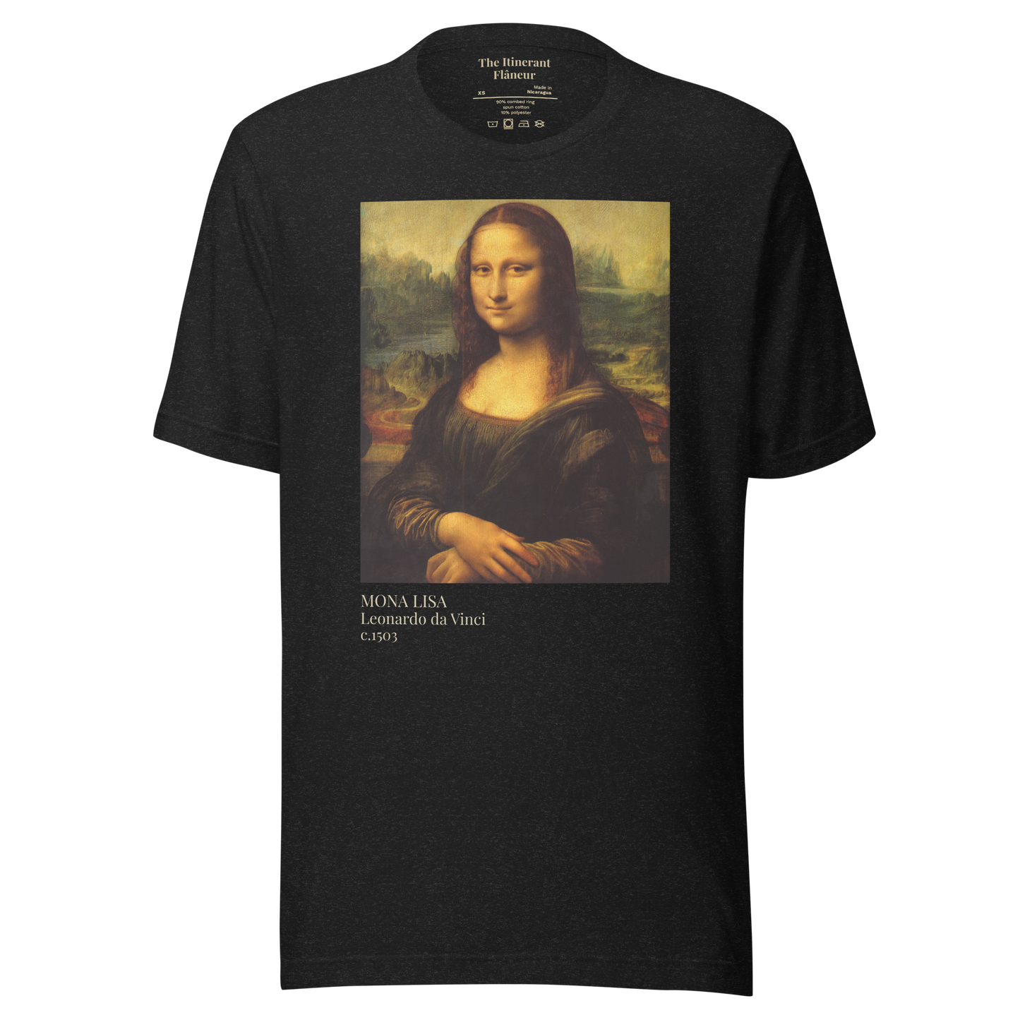 Mona Lisa Art with Receipts t-shirt front design by The Itinerant Flaneur-blackheather