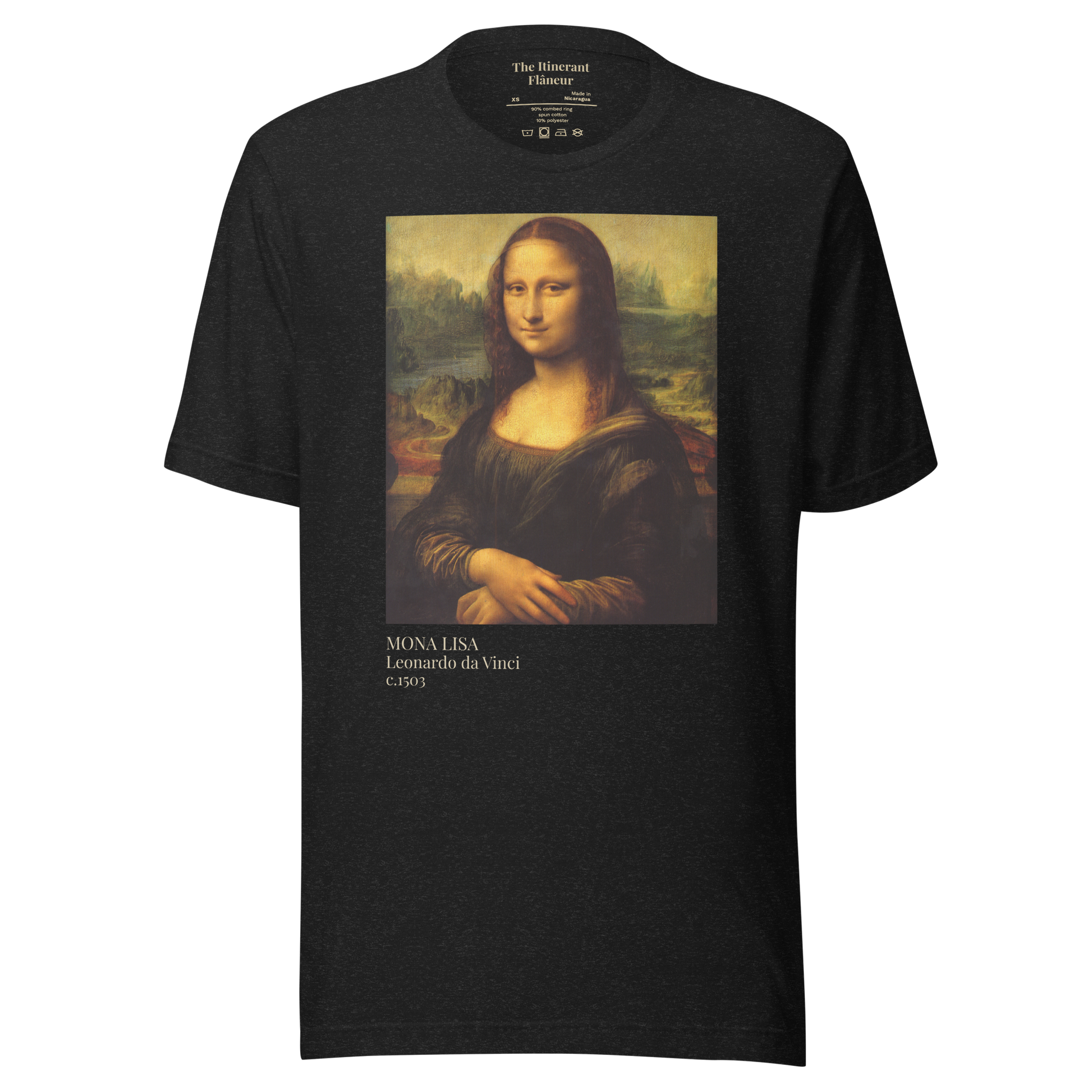 Mona Lisa Art with Receipts t-shirt front design by The Itinerant Flaneur-blackheather