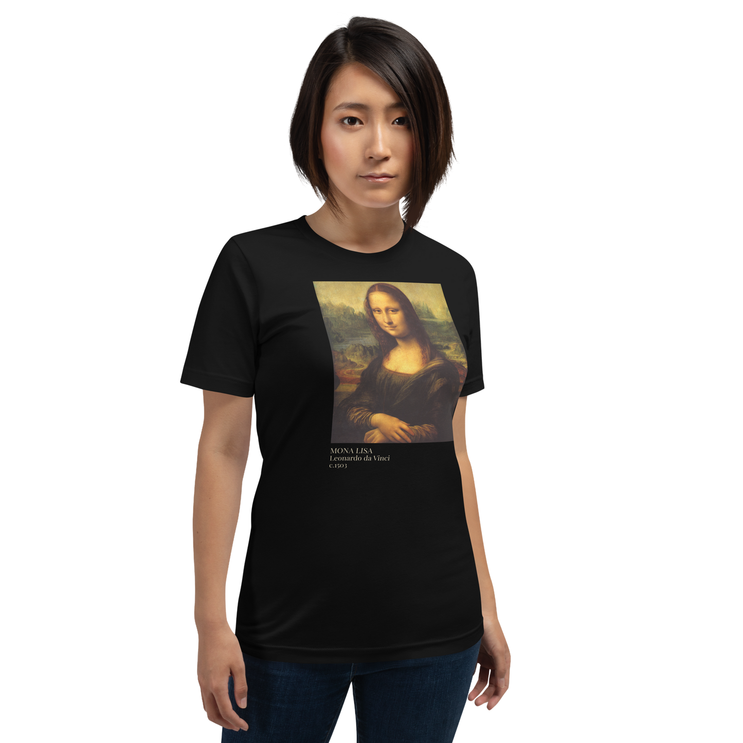 Person wearing Mona Lisa Art with Receipts t-shirt